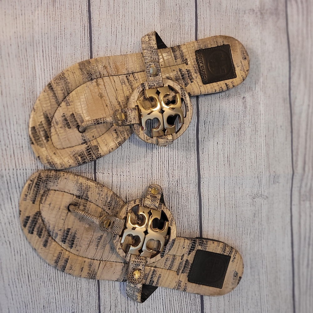 Tory Burch Beige Black Gold Animal Print Logo Medallion Thong Sandals